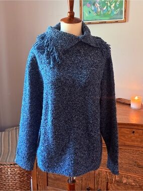 Cozy Navy Bouclé Sweater with Shawl Collar Preppy Petite Medium M grandma style